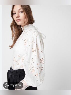 All Saints Annasia Broderie Eyelet Blouse White High Neck Lace Cuff Top Size 4